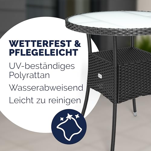 Casaria® Polyrattan Gartentisch 60cm Rund 5mm Sicherheitsglas Höhenverstellbar 80kg Belastbarkeit Wetterfest Terrasse Balkon Beistelltisch Tisch Schwarz