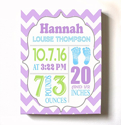 Personalized Stretched Canvas Birth Announcement Gift, Custom Baby Name, Date, Weight Stats, Newborn Footprint Nursery Wall Art Decor, Wooden Frame Construction, Ready to Hang 24X30