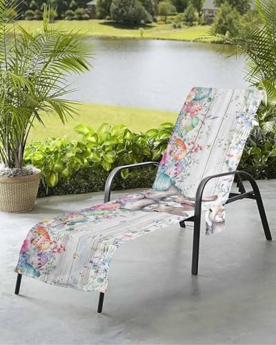 Easter Bunny Beach Chair Towel Covers for Chaise Lounge With Side Pocket, Soft Plush Pool Towels Cover for Patio Sunbathing Outdoor 29''x85'' Colorful Eggs Watercolor Floral Farmhouse Wood