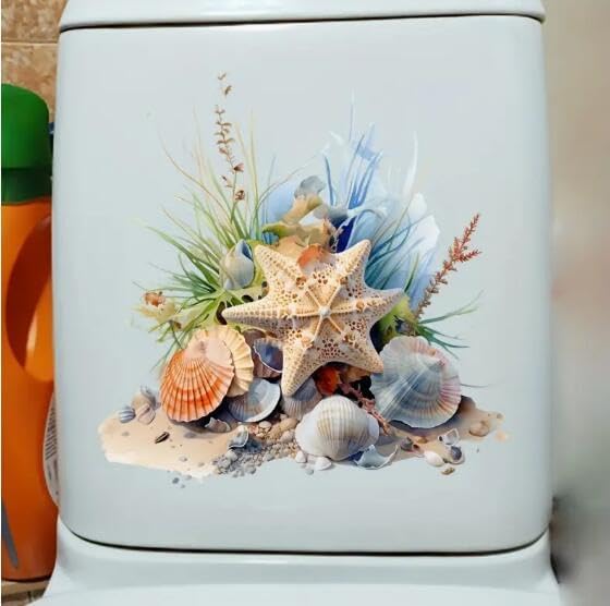 Ocean Shell Starfish Coral Toilet Cover Sticker Decals Waterproof Toilet Lid Tank Seat Decals Cistern Self-Adhesive Bathroom Wall Sticker