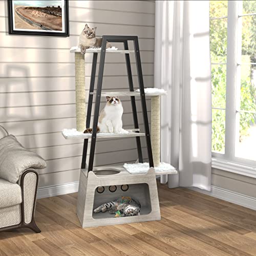 Gdlf Modern Cat Tree Wooden Heavy Duty Cat Tower For Indoor Cats With Condo And Long Scratching Posts For Large Felines Easy Clean 54" #TOP1
