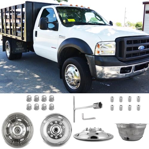 Image of 4pcs 19.5 inch Polished Stainless Steel Dually Wheel Simulators,Nice Looking and Durable Bolt On Wheel Cover, 10 Lug 5 Hand Hole Hubcaps Fit for 2005-2025 Ford F450 /F550 with Installation Tool