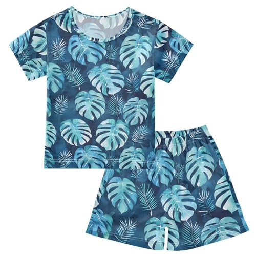 ALAZA Watercolor Palm Leaf Blue Pajamas Short Sleeve 2 Piece Sleepwear Top and Bottom Pajama Set Unisex