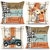 Dremisland Juego de 4 Fundas Cojines Otoño 45 x 45 cm Calabazas Naranja Decorativas Cuadradas Fundas de Almohada día de Gracias Halloween Holiday Almohada de Lino de la Cosecha Hogar Sala Estar Sofá
