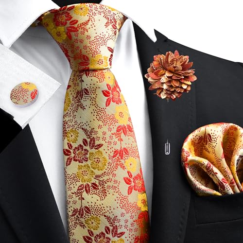 Image of GUSLESON 3.15 inch（8cm） Mens Floral Tie and Lapel Pin Necktie Hankerchief Cufflinks Set for Men