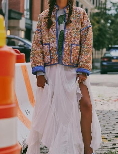 Eisctnd Women's Cropped Puffer Quilted Jacket Cardigan Floral Printed Lightweight Long Sleeve Short Padded Coats4