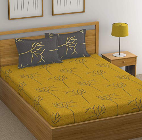 Huesland by Ahmedabad Cotton 144 TC Cotton Bedsheet for Double Bed with 2 Pillow Covers - Yellow and Grey
