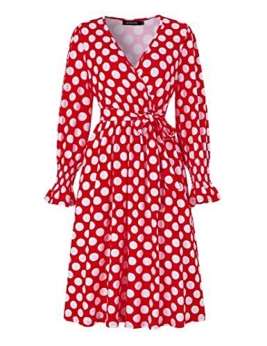 KOJOOIN Damen A Linie Kleider Weihnachtskleid Festliches Partykleid Casual Knielang Swing Abendkleid Freizeitkleider(Verpackung MEHRWEG),Rot mit weißen Punkten,L Cover