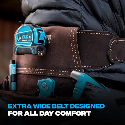 Image of Ox Tools Pro Construction Tool Belt - 22-Pocket Leather Tool Belt Pouches - (XL) Belt Made of Oil-Tanned Leather with Double-Stitching and Steel Rivets - OX-P263602 | Oil-tanned build, Reinforced steel rivets, Double-stitched seams, 3-inch width, Holds hammer, tape measure & speed square