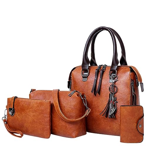 Channel Taschen Damen Klein Tragetaschen-Set für Damen, modische Handtaschen, Geldbörse, Tragetasche, Schultertasche, Henkel oben, Satchel-Geldbeutel-Set, 4-teilig Taschen Damen (Brown, One Size)