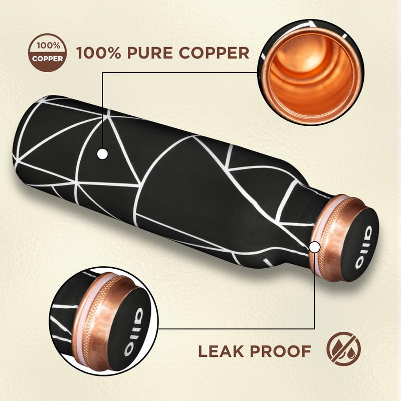 Image of Allo Pure Copper Water Bottle 1 Litre Copper Bottle | Alkaline and Anti Oxidant | 100% Leak Proof, Office, Gym Bottle, Modern Tamba Bottle for Adults, Best Gift for Diwali (Black Abstract Line)