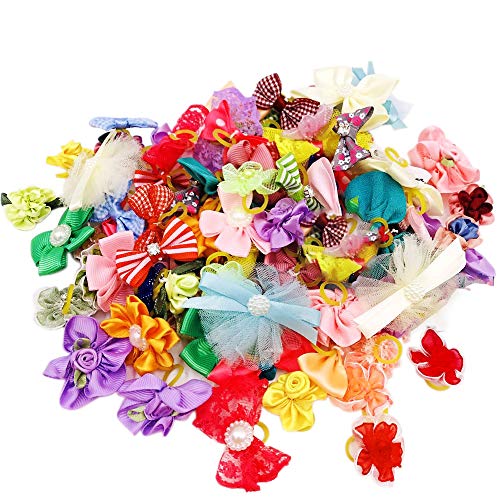 BIPY - Lote de 50 lazos para el pelo de perros pequeños con bandas elásticas de goma para perrito y gatito en la parte superior, accesorios de aseo para el pelo largo, cachorro y gato
