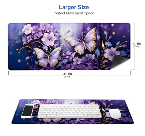 Image of IMAYONDIA Gold Butterfly Desk Pad, Purple Flowers Large Mousepad, Floral Desk Mat, Modern Beutiful Extended Mouse Pads for Laptop, Computer Pad for Women Girls Office, 31.5x11.8 in