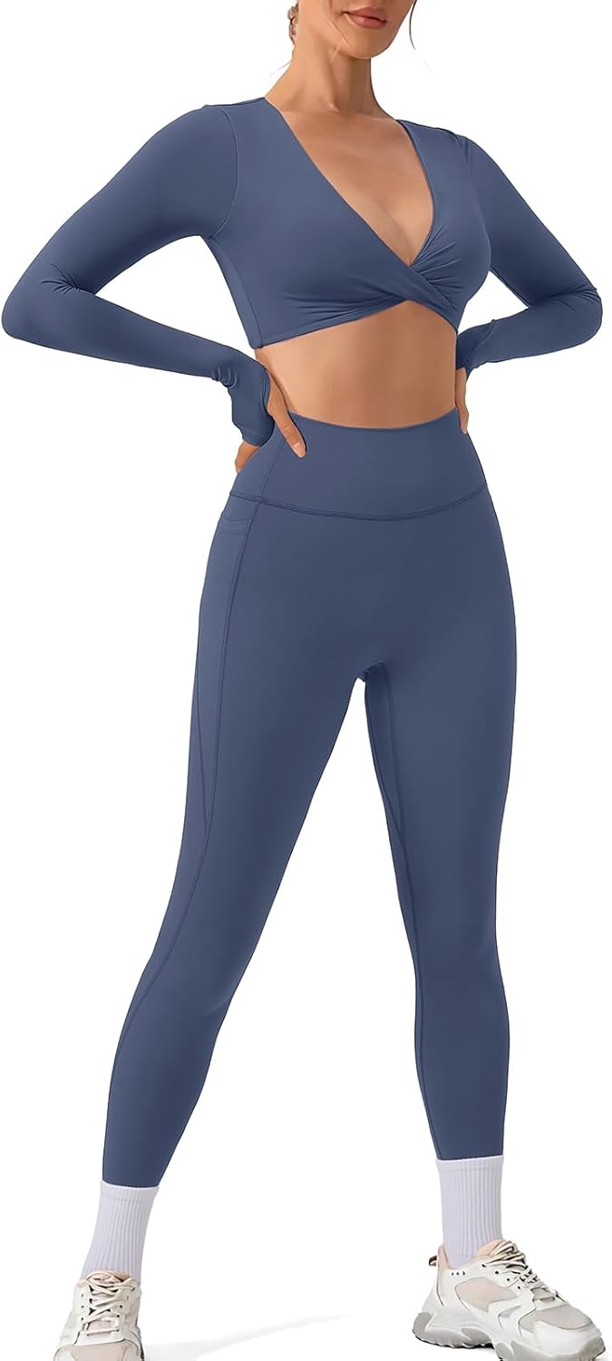 SUUKSESS Women 2 Piece Workout Sets Long Sleeve Twist Deep V Crop Padded Tops Yoga Leggings with Side Pockets - Image 3