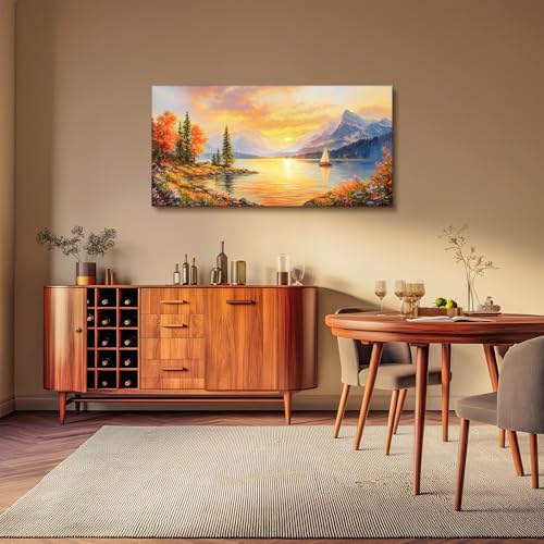 SERIMINO Sunset Landscape Large Wall Art, Mountain Lake Scenic Canvas Prints, Country Nature Scenery Artwork for Walls, Aesthetic Paintings Wall Decor Living Room Bedroom, Rustic Home Decor 24"X48"
