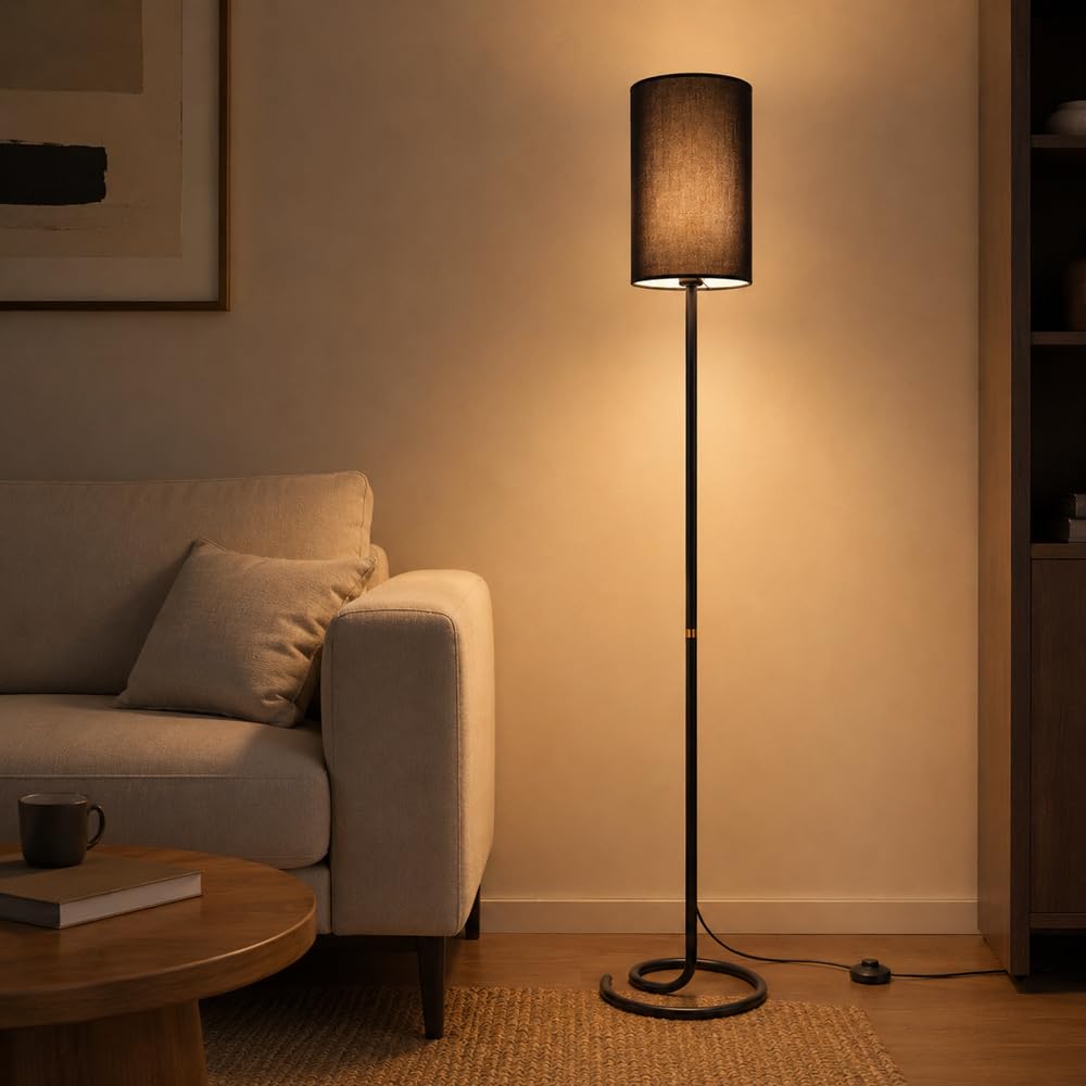 Wylolik Modern Black Fabric Floor Lamp, 3 Color Dimming Standing Light