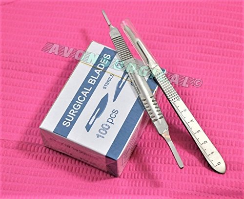 2 SCALPEL KNIFE HANDLE HOLDER #3#4 +100 STERILE BLADES #10# 22 (CYNAMED)