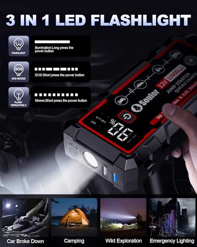 Image of 9 in 1 Jump Starter, 12V Jump Box Car Battery Jumper Starter Portable with 14 in 1 Protection Jumper Cables, LED Lights, LCD Display, Insulated Gloves
