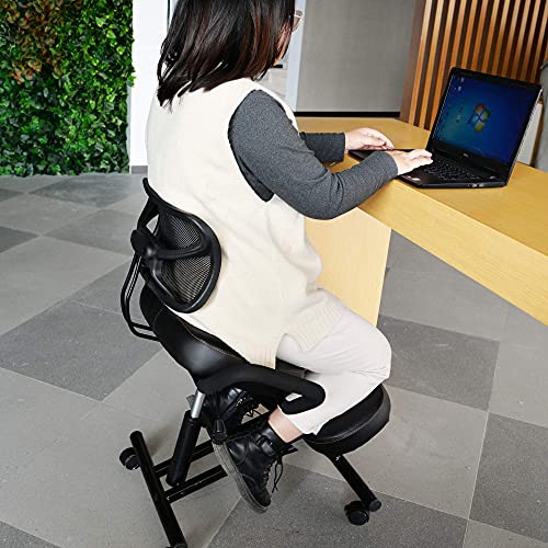 Ergonomic Kneeling Chair with Back Support. Adjustable Stool for Better Posture in Home and Office. Relieving Bad Back, Neck Pain & Spine Tension - Thick Comfortable Cushions, Black