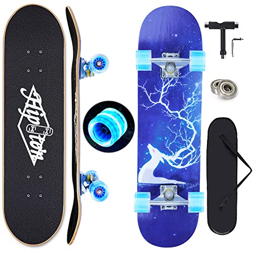 スケートボード 8層のカナダのカエデ材スケボーとアップグレードタイヤ31インチ 高精度 集中力や平衡感覚育成 スケボー初心者に 大人/若者/子供用