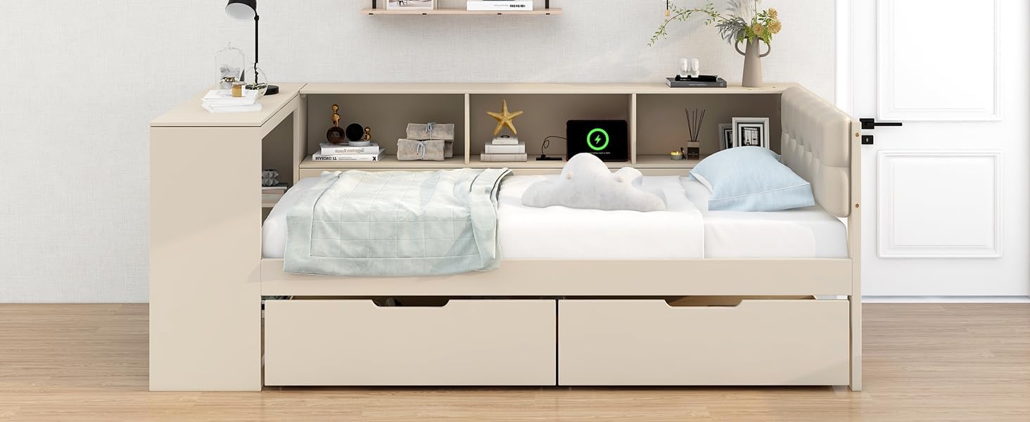 Harper & Bright Designs Wood Twin Size Platform Bed with Storage Shelves, Drawers, Charging Station and Upholstered Headboard, Cream