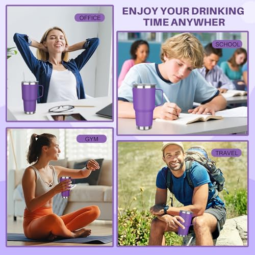 Image of 30 oz Tumbler with Handle, Stainless Steel Insulated Tumbler with Lid and Straw, Double Wall Vacuum Insulated Coffee Mug Tumbler, Insulated Coffee Thermal Cup for Cold and Hot (Purple)