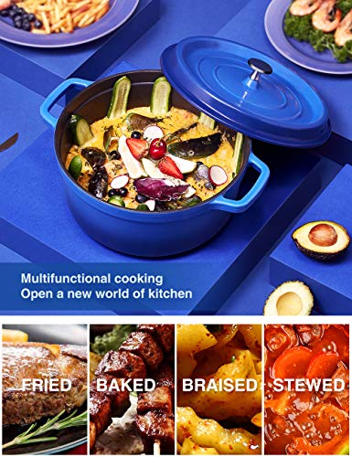 SULIVES Non-Stick Enamel Cast Iron Dutch Oven Pot with Lid Suitable for bread baking use on gas electric oven 5 Quart for 4-6 people(Dark Blue)