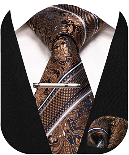 JEMYGINS Cravate Homme Rayée à Carreaux Motif marron Comprend un Ensemble de Pinces à Cravate Mouchoir