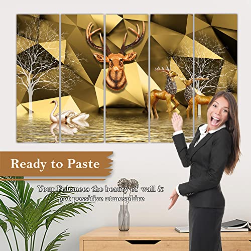 Image of Maxstone Beautiful Goldan Deer Nature Wall Painting Animals Painting Bards, Multiple Panlas Living Room,Bedroom,Office Big Size Wall Painting Set Of-5 (30x60 inch) M1256