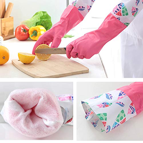 KINGFINGER Rubber Latex Waterproof Dishwashing Gloves,Long Cuff and Flock Lining Household Cleaning Gloves 2 Pair Medium