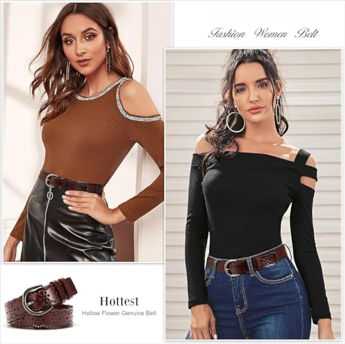 Women's Plus Size Genuine Leather Belt Hollow Flower Design with Pin Buckle3