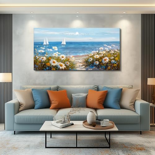 PHAOHUAXM Wall Art For Dining Room Kitchen Blue Ocean Landscape Painting Art Pictures Living Room Decor Vintage Landscape Canvas Print Suitable For Bedroom Office Farmhouse Wall Decoration 24x48 In