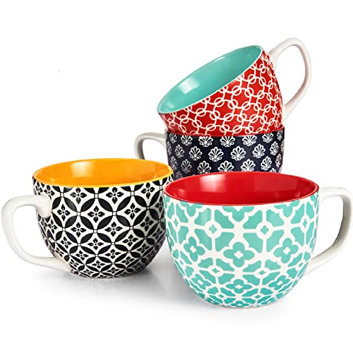 Comparison: Best Ceramic Soup Mugs With Handle 10 DOWAN Mosaian Soup Mugs, 24oz Large Coffee Mugs Set of 4, Soup Mugs With Handles, Ceramic Mugs for Soup/Coffee/Cereal/Latte, Thanksgiving and Christmas Gifts for Family and Friends