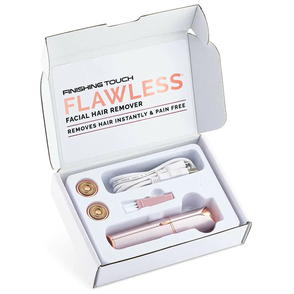 Finishing Touch Flawless Face Damenbart- und Gesichtshaarentferner, hypoallergener Scherkopf, schmerzfreier Damenrasierer, wiederaufladbar, inkl. 2 Ersatzscherköpfe, Blush
