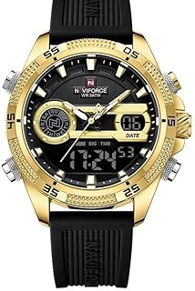 نافي فورس ساعة NF9223 للرجال بتصميم عسكري للرياضات الخارجية متعددة الوظائف بشاشة مزدوجة وحركة كوارتز وسوار من السيليكون مضيئة ومقاومة للماء، اسود