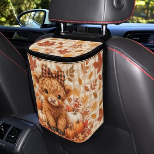 Image of Talayituse Fall Highland Cow Pumpkin Print Car Trash Can Portable Auto Garbage Bin Multifunctional Vehicle Interior Accessories with Adjustable Straps Universal Fit Truck SUV Sedan Autumn Decor