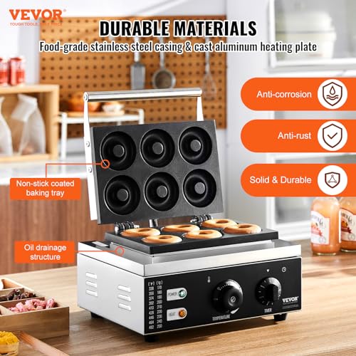 VEVOR Electric Donut Maker, 1550W Commercial Doughnut Machine with Non-stick Surface, 6 Holes Double-Sided Heating Waffle Machine Makes 6 Doughnuts, Temperature 122-572℉, for Restaurant and Home Use