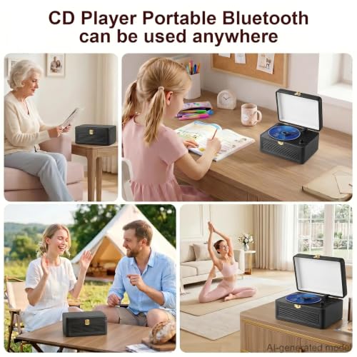 Image of Gueray CD Player Portable Bluetooth: Retro CD Players with Speakers Vintage CD-Player 3600mAh Rechargeable & Radio & Remote Control Support USB /AUX Playback Headphone Jack (Black)
