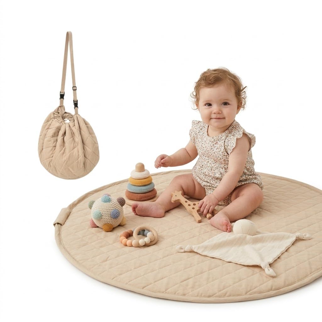 ZURMATRADE Krabbeldecke rund 110cm – Extra Weich, Dick Gepolstert, Waschbar, Schadstofffrei, Spieldecke für unterwegs, Zusammenziehbar, mit abnehmbaren Tragegriff, Spielmatte beige, Spielunterlage