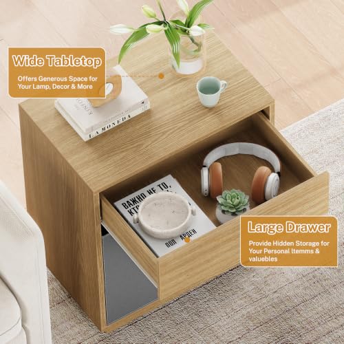 Image of TEENFON Nightstands Set of 2, Night Stand with Drawer and Open Shelf, Nightstands Bedside Table with Removable Fabric Drawer, Night Stands for Bedroom, Small Space, Natural