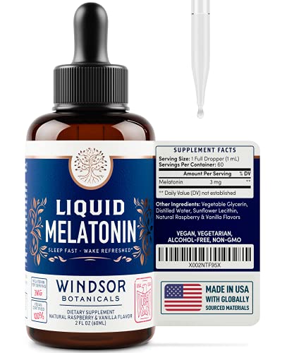 Maximum Strength Liquid Melatonin Supplement - Sleep Faster and Longer, Wake Refreshed - Windsor Botanicals Rapidly Absorbed, Vegan Formula - No Alcohol - Raspberry Vanilla Flavor - 2 oz