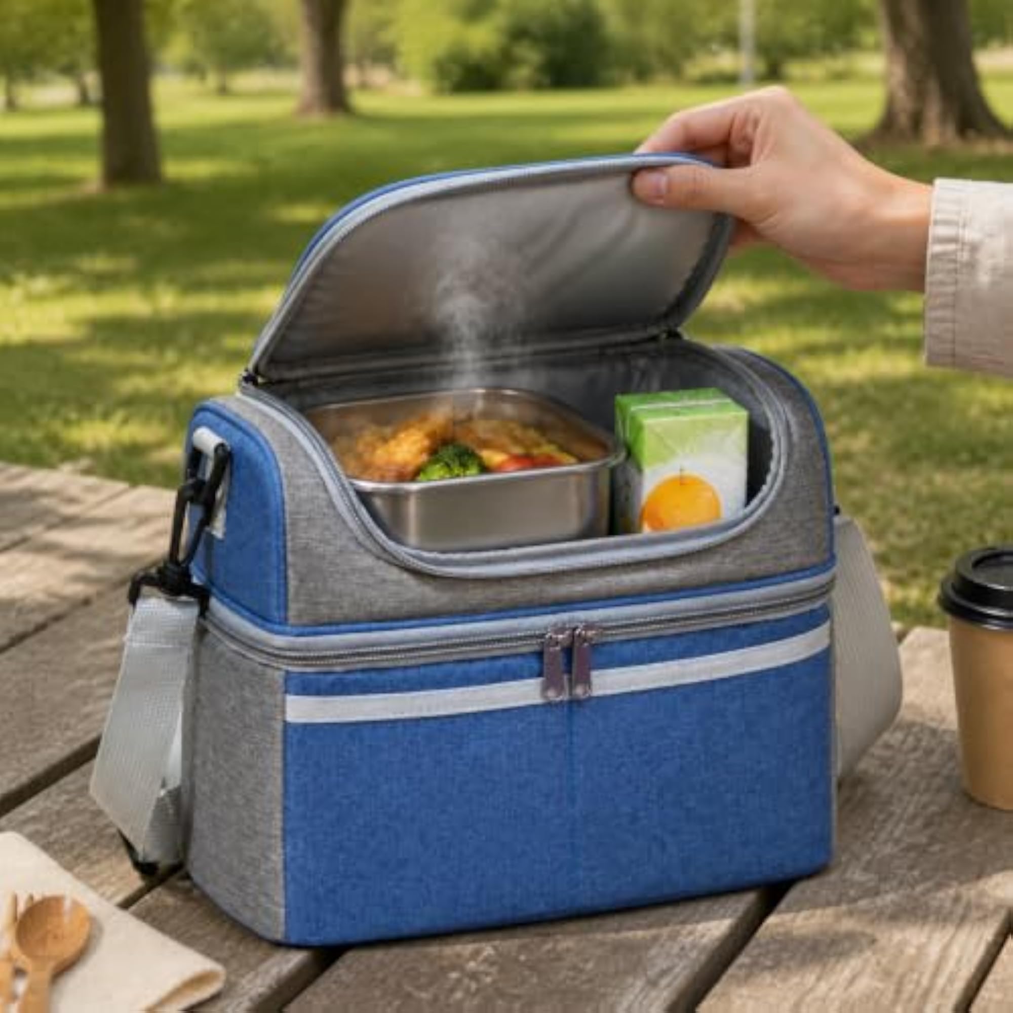 Double Layer Insulated Lunch Bag with Shoulder Strap, Portable Design