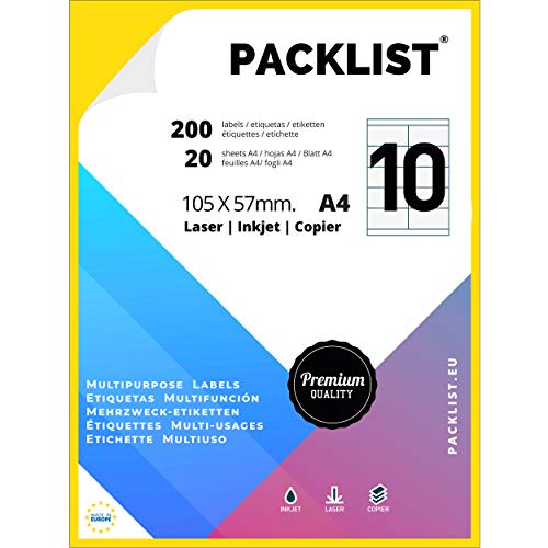 PACKLIST 200 Etiquetas Adhesivas A4 Blancas 105 x 57 mm. 20 Hojas Papel Pegatina para Imprimir A4, 10 Etiquetas por Hoja. Papel Adhesivo para Imprimir - Papel de Pegatina para Imprimir
