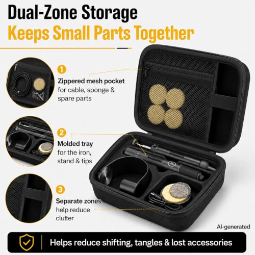 Image of Carrying Case Compatible with Fanttik T1 Max Soldering Iron Kit | EVA Shell with Oxford Exterior, Molded Tray, Mesh Pocket, Dual Zippers and Reinforced Handle for Work, Full Black, Case Only