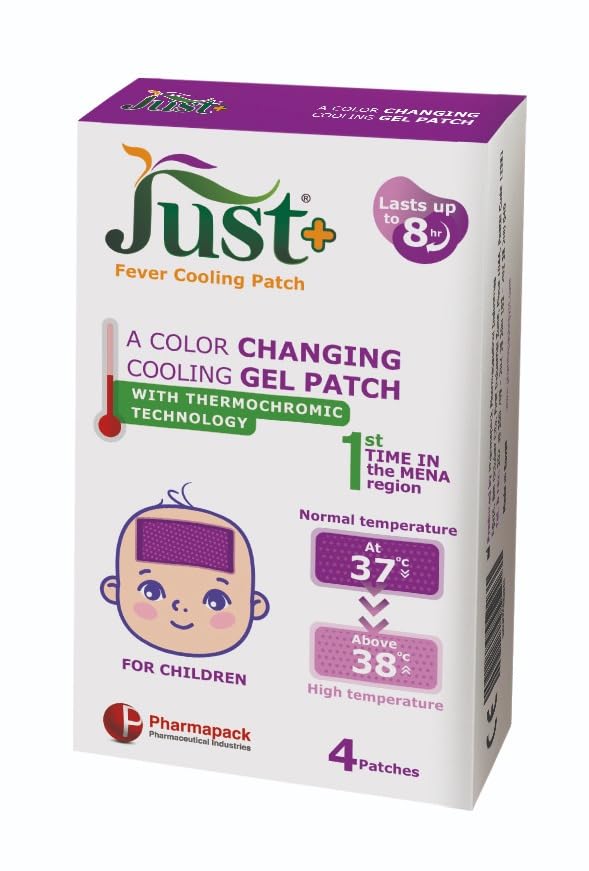 Just+ Fever Cooling Patch, Color Changing Cooling Gel Patch with Thermochromic Technology, Lasts up to 8 hr, 4 Patches, For Children
