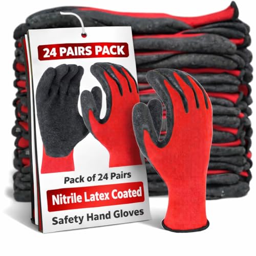 Image of Safety Gloves - Nylon Nitrile Coated Industrial & Home Cut Resistant Hand Gloves. (Black Red (Latex Coated), Pack of 24 Pairs)