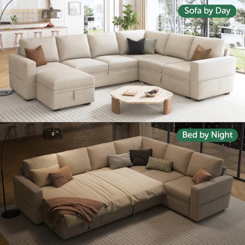 Image of HONBAY Modular Sectional Sleeper Sofa with Pull Out Bed, U Shaped Sectional Couch with Storage Ottoman, Sleeper Sectional Couches for Living Room, Beige
