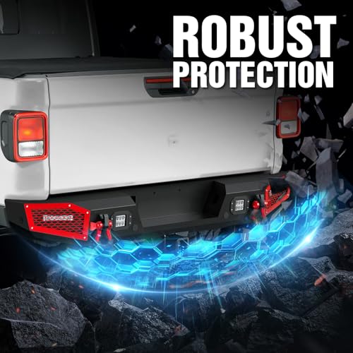Image of for JT Rear Bumper Compatible with 2020 2021 2022 2023 2024 2025 2026 Jeep Gladiator JT Full Width Pickup Bumper with 18W LED Lights, Paintable Armor, Sensor Holes & D-rings, 2 /4 Doors (Black)
