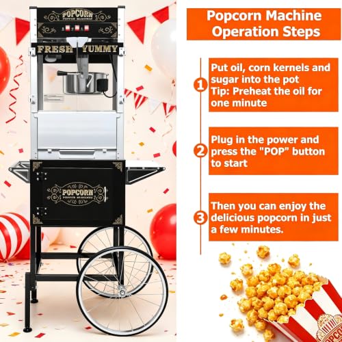 Image of 28Oz Commercial Popcorn Machine With Wheels - Stainless Steel Kettle Vintage-Style Popper Cart On Wheels With Tempered Glass Pop-corn Machine Maker For Home, Parties, Movie Theater (Black, 28oz) | 28OZ Stainless Steel Kettle, Tempered Glass Professional Pop Corn Maker, Large Capacity for Hallloween, Wedding Party, Office