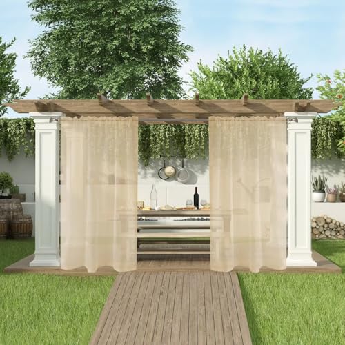 SpaceDresser Waterproof Outdoor Sheer Curtains for Patio - 2 Panels Rod Pocket Indoor Voile Sheer Curtain for Living Room,100W x 120L inch, Beige - Image 5